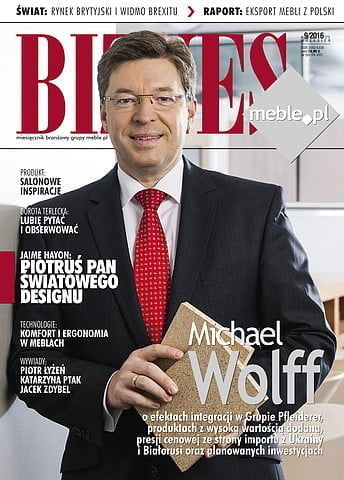 Okładka miesięcznika BIZNES.meble.pl - wydanie wrzesień 2016. Na okładce: Michael Wolff, prezes Zarządu Pfleiderer.