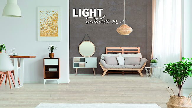 Beżowe wnętrze z kanapą z wykorzystaniem Egger Fellwood