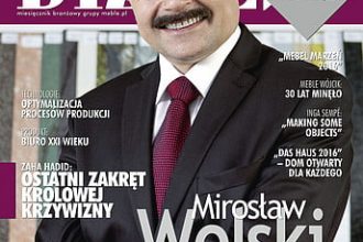 Okładka miesięcznika BIZNES.meble.pl - wydanie kwiecień 2016. Na okładce: Mirosław Wolski, prezes Zarządu firmy Schattdecor.