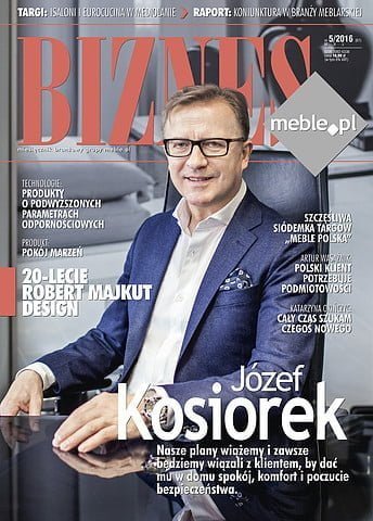 Okładka miesięcznika BIZNES.meble.pl - wydanie maj 2016. Na okładce: Józef Kosiorek, prezes Zarządu firmy Fargotex Group.
