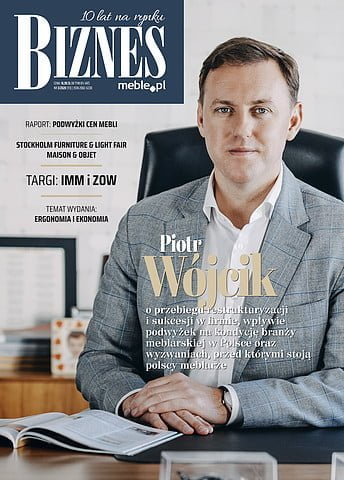 Okładka miesięcznika BIZNES.meble.pl - wydanie marzec 2020. Na okładce: Piotr Wójcik, prezes Zarządu Mebli Wójcik.