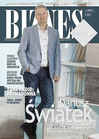 Okładka miesięcznika BIZNES.meble.pl - wydanie styczeń 2015. Na okładce: Dariusz Świątek, Impress
