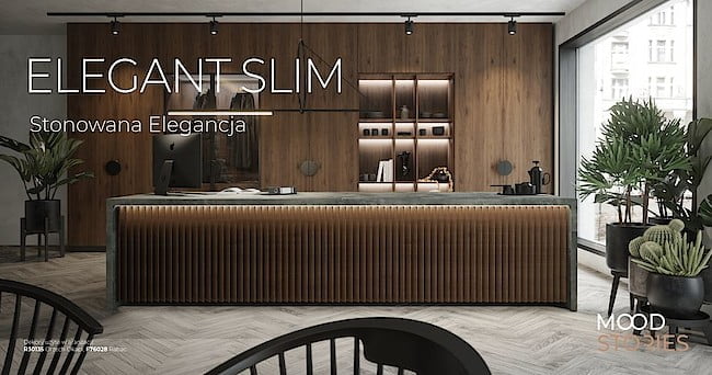 Brązowa kuchnia w stylu nowoczesnym z wykorzystaniem Pfleiderer Mood Stories