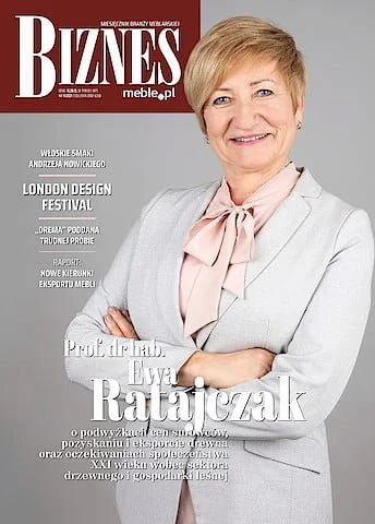 Okładka miesięcznika BIZNES.meble.pl - wydanie listopad 2021. Na okładce: Prof. dr hab. Ewa Ratajczak, przewodnicząca Rady Instytutu Łukasiewicz – Instytut Technologii Drewna.