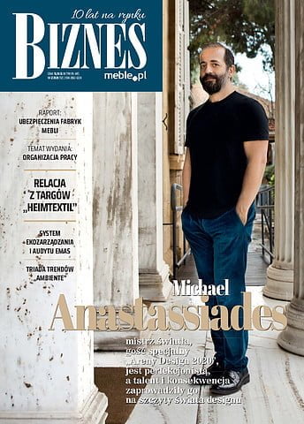 Okładka miesięcznika BIZNES.meble.pl - wydanie luty 2020. Na okładce: Michael Anastassiades, projektant, gość specjalny „Areny Design 2020”. Fot. Eirini Vourloumis.