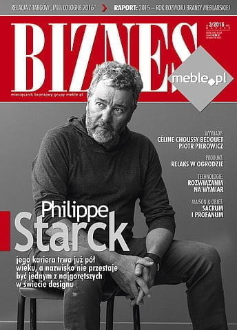 Okładka miesięcznika BIZNES.meble.pl - wydanie marzec 2016. Na okładce: Philippe Starck. Fot. James Bort.