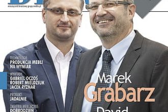 Okładka miesięcznika BIZNES.meble.pl - wydanie marzec 2014. Na okładce: David Lhomme, prezes zarządu i Markek Grabarz, kierownik sprzedaży w firmie Poldem
