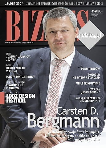 Okładka miesięcznika BIZNES.meble.pl - wydanie listopad 2015. Na okładce: Carstenem D. Bergmann, dyrektor zarządzający firmą Raumplus