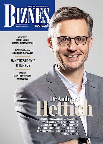 Okładka miesięcznika BIZNES.meble.pl - wydanie sierpień 2021. Na okładce: dr Andreas Hettich, przewodniczący Rady Nadzorczej Grupy Hettich.
