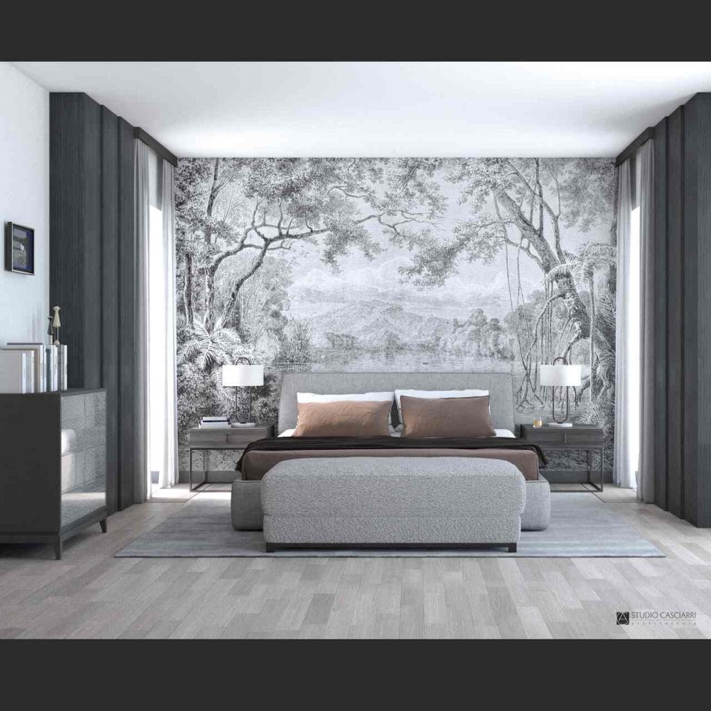 Sypialnia w willi w Konstancinie, powierzchnia domu 400 m2, realizacja z 2024 r.