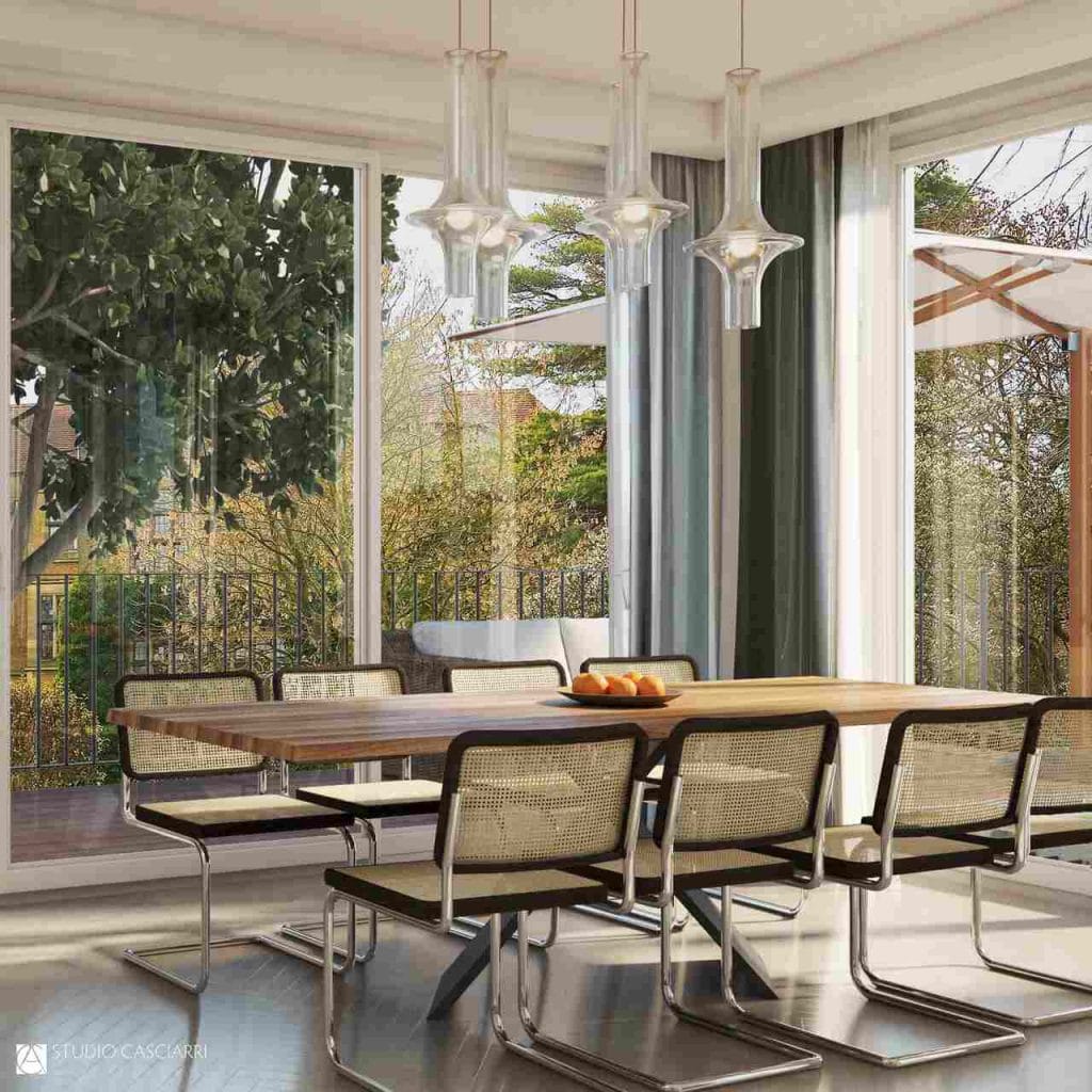 Jadalnia w dwupoziomowym apartamencie w Warszawie, powierzchnia mieszkania 190 m2, realizacja z 2019 r.