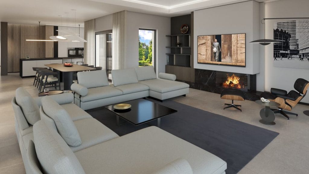 Salon w willi w Warszawie, powierzchnia domu 650 m2, realizacja z 2025 r.