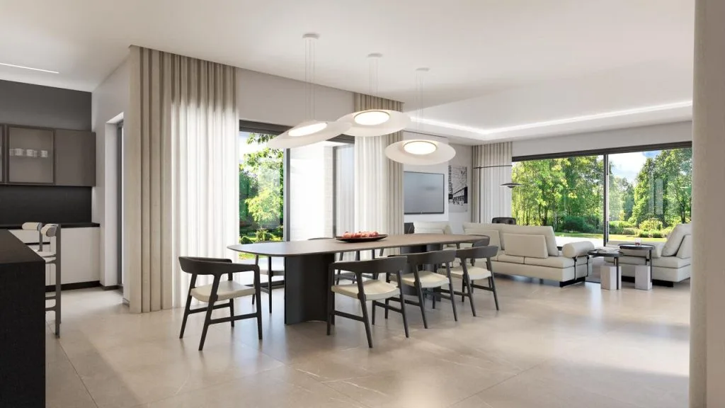 Jadalnia i salon w willi w Warszawie, powierzchnia domu 650 m2, realizacja z 2025 r.