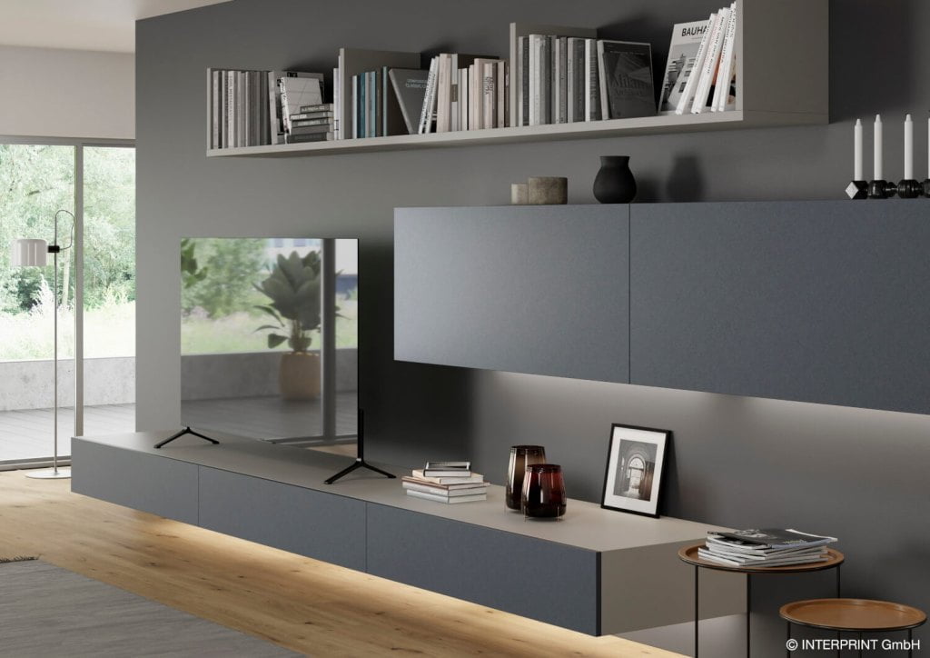 Interprint - dekor Rio na wizualizacji szafek do pokoju dziennego