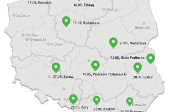 Festool banner reklamujący Roadshow 2024, mapa Polski z oznaczonymi miastami w których się będzie odbywał.