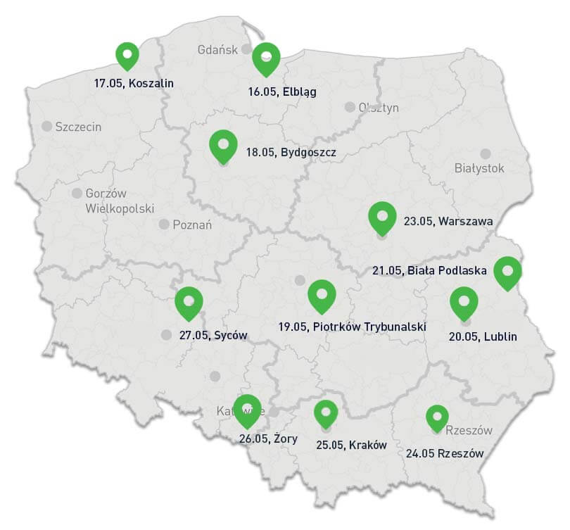 Festool banner reklamujący Roadshow 2024, mapa Polski z oznaczonymi miastami w których się będzie odbywał.