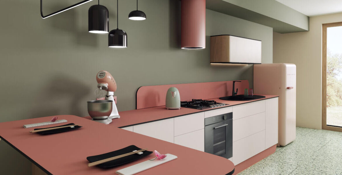 Swiss Krono - blaty BLACK WOOD w różowej kuchni - miesięcznik i portal informacyjny branży meblarskiej biznes.meble.pl