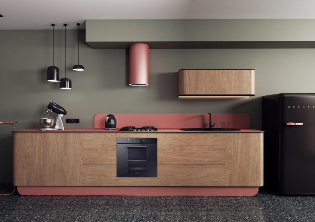 Swiss Krono - blaty BLACK WOOD w różowej kuchni - miesięcznik i portal informacyjny branży meblarskiej biznes.meble.pl