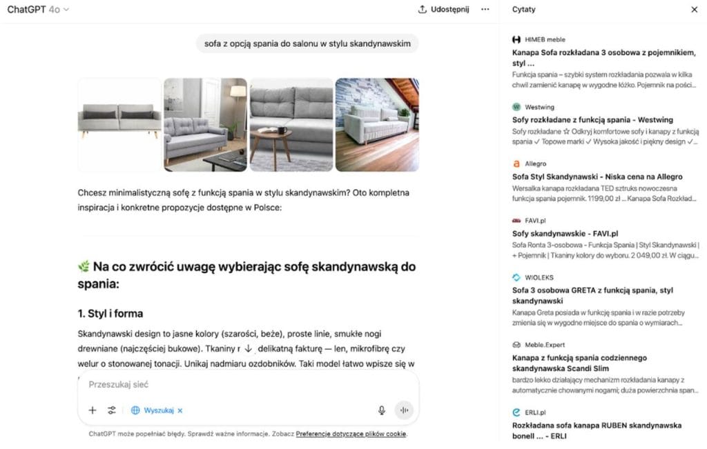 ChatGPT dla zapytania „sofa z opcją spania do salonu w stylu skandynawskim”.