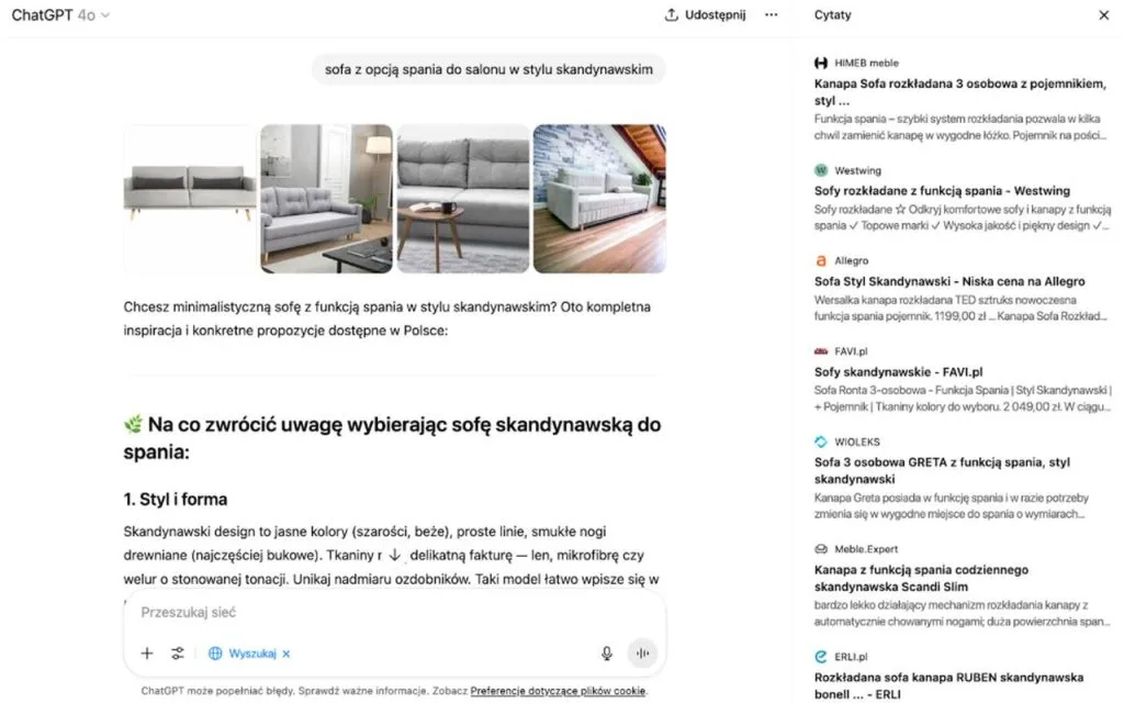ChatGPT dla zapytania „sofa z opcją spania do salonu w stylu skandynawskim”.
