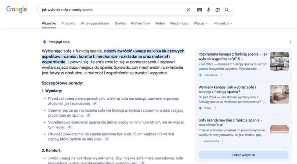 AI Overviews (Przegląd od AI) w Google dla zapytania „jak wybrać sofę z opcją spania”.