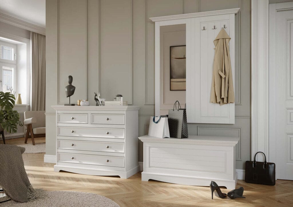 Wybierając wieszak z lustrem z kolekcji Belluno Elegante od Meble Katmandu od razu zyskuje się dwa niezbędne w przedpokoju elementy – drewniany wieszak oraz lustro. 