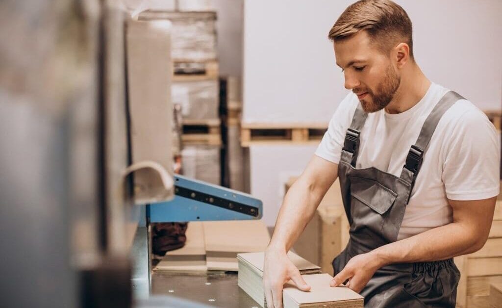 Z danych GUS wynika, że dynamika spadków w przemyśle meblarskim hamuje. Na zdjęciu pracownik produkcji.