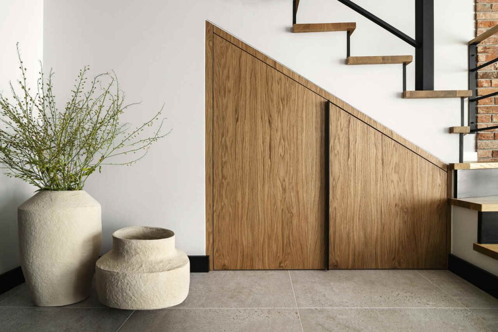 Czerń, szarość i drewno we wnętrzu.