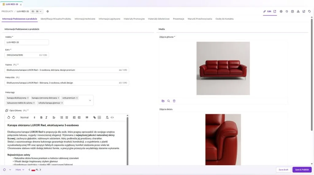 Przykładowa karta produktu z branży meblarskiej w systemie Pimcore.