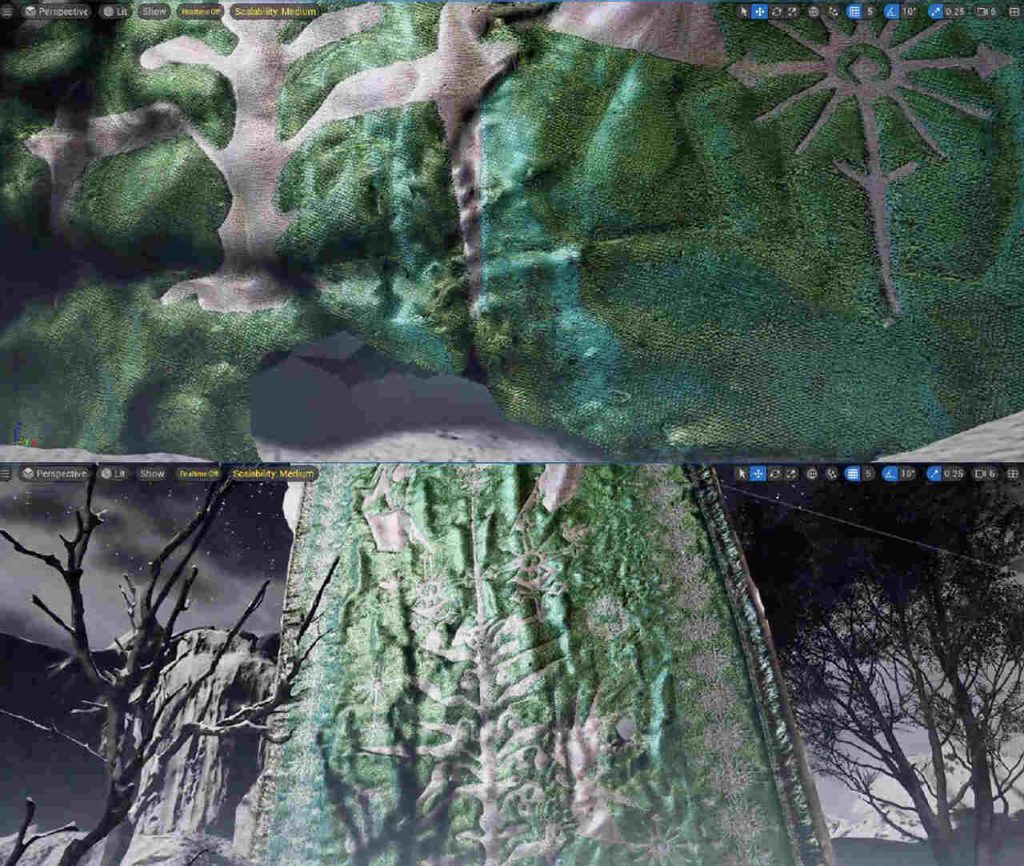 Elementy techniczne, takie jak przewody, połączenia i cewki, nie są już ukryte, lecz celowo eksponowane. Pojawiają się jako widoczne detale i skupiają uwagę na wnętrzu maszyny, a nie jej nieskazitelnej powierzchni. W rezultacie powstają projekty, które odsłaniają to, co ukryte – i dzięki swojej zabawnej ekspresji odkrywają coś dziwnego, niemal pozaziemskiego. Na zdjęciu zrzut ekranu z Unreal Engine, przedstawiający projekt tekstylny Slavic Doodles, którego autorką jest Sonia Górecka. Źródło: Heimtextil.