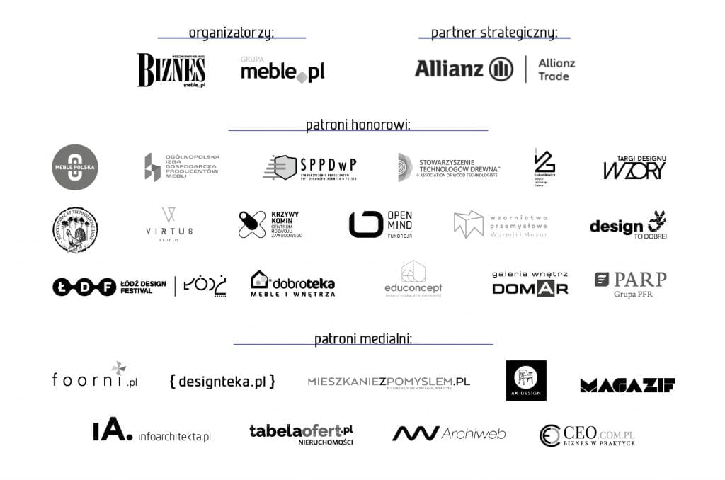 Diament Meblarstwa 2023 plansza z patronami. Miesięcznik i portal branży meblarskiej BIZNES.meble.pl.