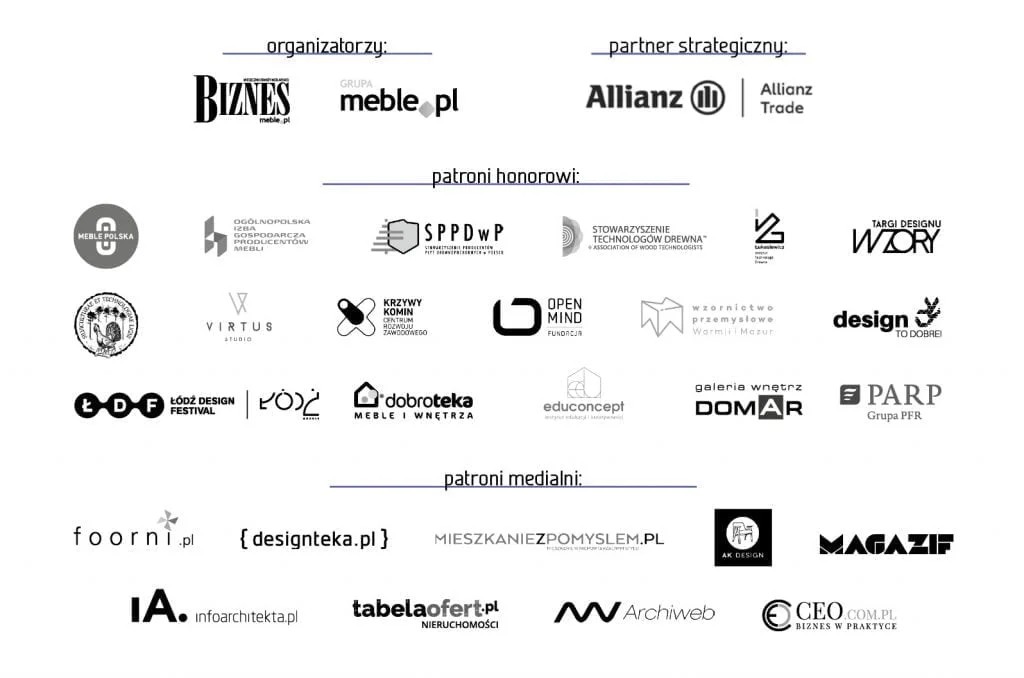 Diament Meblarstwa 2023 plansza z patronami. Miesięcznik i portal branży meblarskiej BIZNES.meble.pl.