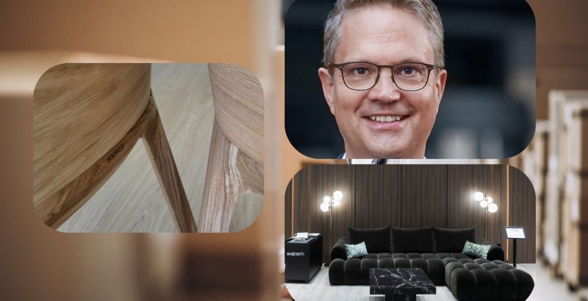 Od lewej: logo firmy Fameg na krześle. Źródło: BIZNES MEBLE. Po prawej (od góry): Dr. Christian Kaufmann z kancelarii PLUTA, tymczasowy zarządca komisaryczny producenta mebli Oflor. Źródło: kancelaria Pluta. Fragment stoiska firmy Wajnert Meble podczas targów MEBLE POLSKA. Źródło: BIZNES MEBLE.