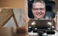 Od lewej: logo firmy Fameg na krześle. Źródło: BIZNES MEBLE. Po prawej (od góry): Dr. Christian Kaufmann z kancelarii PLUTA, tymczasowy zarządca komisaryczny producenta mebli Oflor. Źródło: kancelaria Pluta. Fragment stoiska firmy Wajnert Meble podczas targów MEBLE POLSKA. Źródło: BIZNES MEBLE.