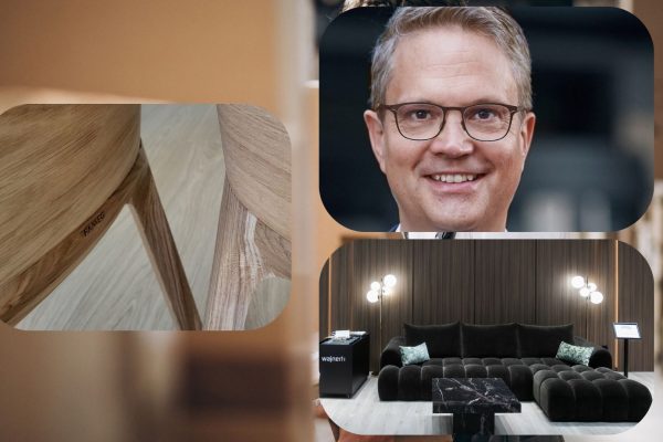Od lewej: logo firmy Fameg na krześle. Źródło: BIZNES MEBLE. Po prawej (od góry): Dr. Christian Kaufmann z kancelarii PLUTA, tymczasowy zarządca komisaryczny producenta mebli Oflor. Źródło: kancelaria Pluta. Fragment stoiska firmy Wajnert Meble podczas targów MEBLE POLSKA. Źródło: BIZNES MEBLE.