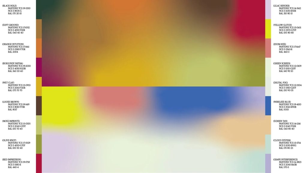 Paleta barw sięga od przyziemnych tonów po cyfrową irytację: odcienie takie jak piasek, glina, sadza, oliwka i kora drzew oddają stabilność, materialność i więź. Jednak ten naturalny spokój jest celowo zakłócany ostrymi, syntetycznymi akcentami, takimi jak kwaśna zieleń, cyfrowy liliowy i jaskrawy błękit ekranu. Te zakłócenia budują napięcie i sprawiają, że paleta barw staje się wyrazistym akcentem. Fot. Alcova dla Heimtextil.