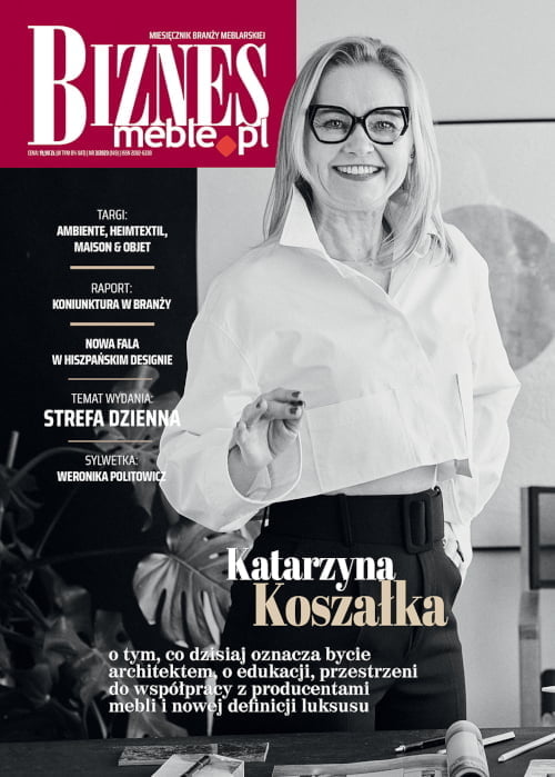 Okładka miesięcznika BIZNES.meble.pl - wydanie marzec 2023. Na okładce: Katarzyna Koszałka, właścicielka pracowni projektowej mDom. Fot. Budzik Studio.