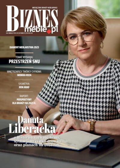 Okładka miesięcznika BIZNES.meble.pl - wydanie styczeń 2023. Na okładce Danuta Liberacka, właścicielka PPUH Danuta Liberacka.