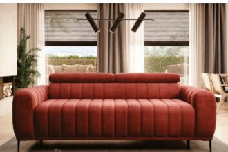 Okładka "Przewodnik Architekta: komfortowy wypoczynek" 2022, a na niej czerwona sofa.