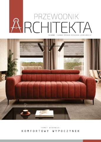 Okładka "Przewodnik Architekta: komfortowy wypoczynek" 2022, a na niej czerwona sofa.