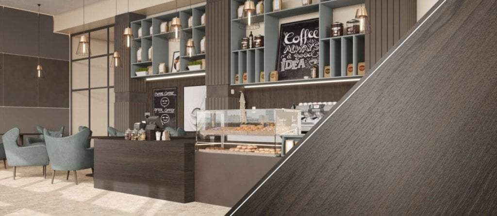 H1227 TM12 Jesion Abano brązowy to bardzo elegancka imitacja jesionu, która wpisuje się w trend ciemnych dekorów drewnopodobnych. Różna szerokość słojów i ich delikatne rozłożenie nadają dekorowi powściągliwej naturalności. © EGGER