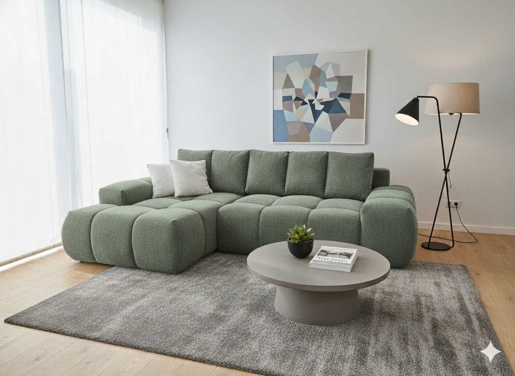 Narożna sofa Medellin, której producentem jest Notti, wyróżnia się łagodną, zaokrągloną linią i wyjątkowo przytulnym wyglądem. Siedziska i oparcia mają wyraźnie zaznaczone, miękkie pikowania, które podkreślają komfort wypoczynku. Jej masywna forma, niskie nóżki i jednolita bryła sprawiają, że model ten wpisuje się w nowoczesny, minimalistyczny styl, oferując jednocześnie maksimum wygody i ponadczasową elegancję.