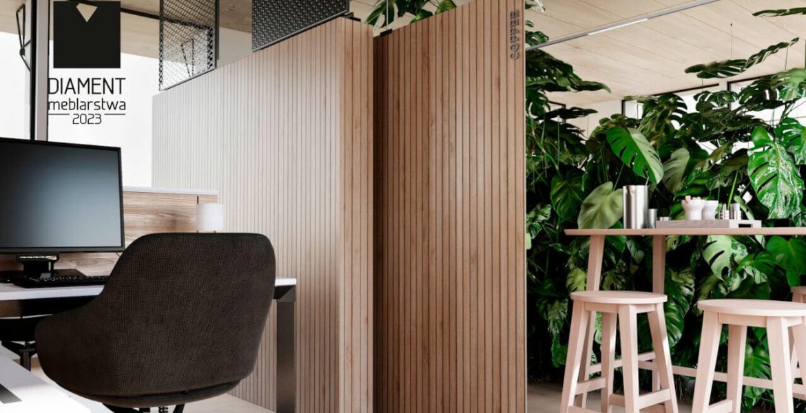 Dekor Tablilla z oferty Impress Dekor z nagrodą w konkursie "Diament Meblarstwa 2023", zastosowanie w przestrzeni biurowej.