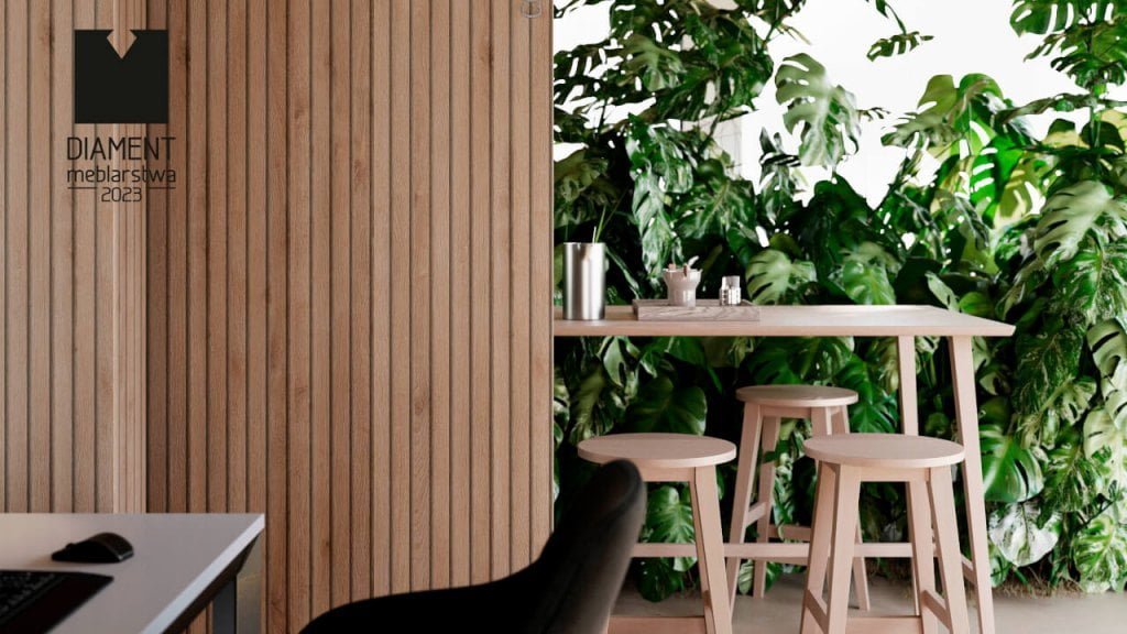 Dekor Tablilla z oferty Impress Dekor z nagrodą w konkursie "Diament Meblarstwa 2023", zastosowanie w przestrzeni biurowej.