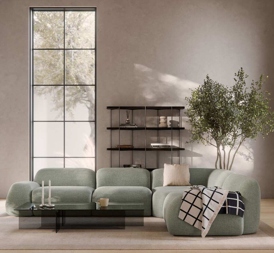 Czteroosobowa sofa narożna Bouclé Wolke od Westwing Collection. Źródło: Westwing.pl.