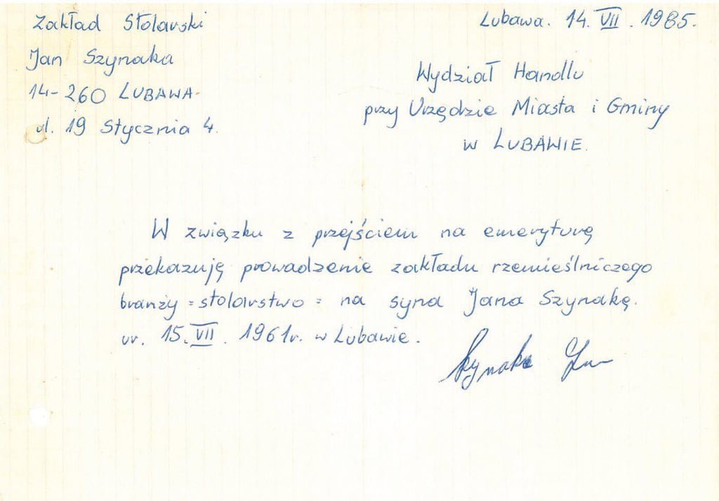 Akt przekazania Janowi Szynaka prowadzenia zakładu rzemieślniczego, 14 lipca 1985 r.