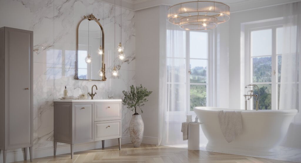 Kolekcja „Montebianco" firmy Oristo w matowym lakierze o odcieniu piaskowym. Trend związany z odbiciem naturalnego krajobrazu we wnętrzach, bardzo silnie oddziałuje na kolor w łazience.