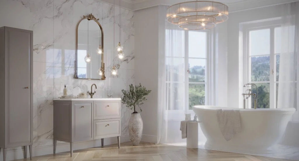 Kolekcja „Montebianco" firmy Oristo w matowym lakierze o odcieniu piaskowym. Trend związany z odbiciem naturalnego krajobrazu we wnętrzach, bardzo silnie oddziałuje na kolor w łazience.