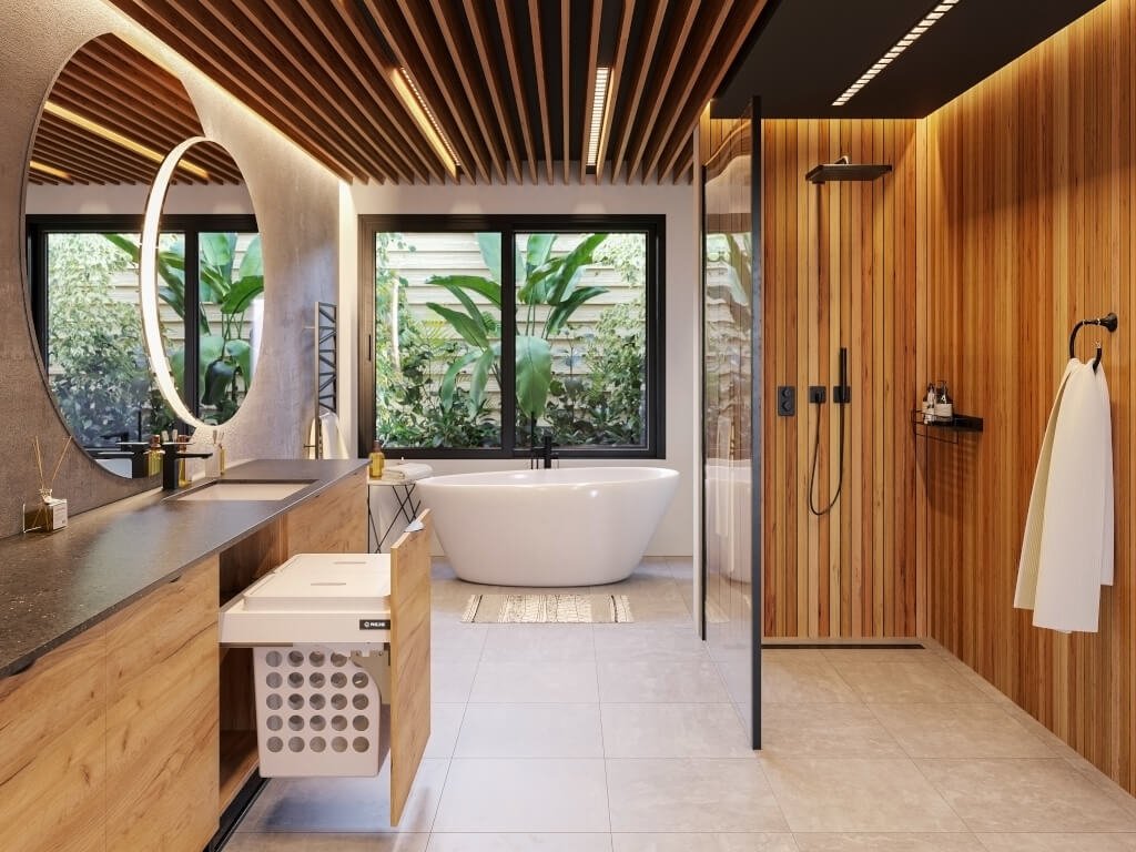 Wykonane z tworzywa pojemniki na brudną bieliznę firmy Rejs utrzymane są w bieli o odcieniu kości słoniowej i matowym wykończeniu.