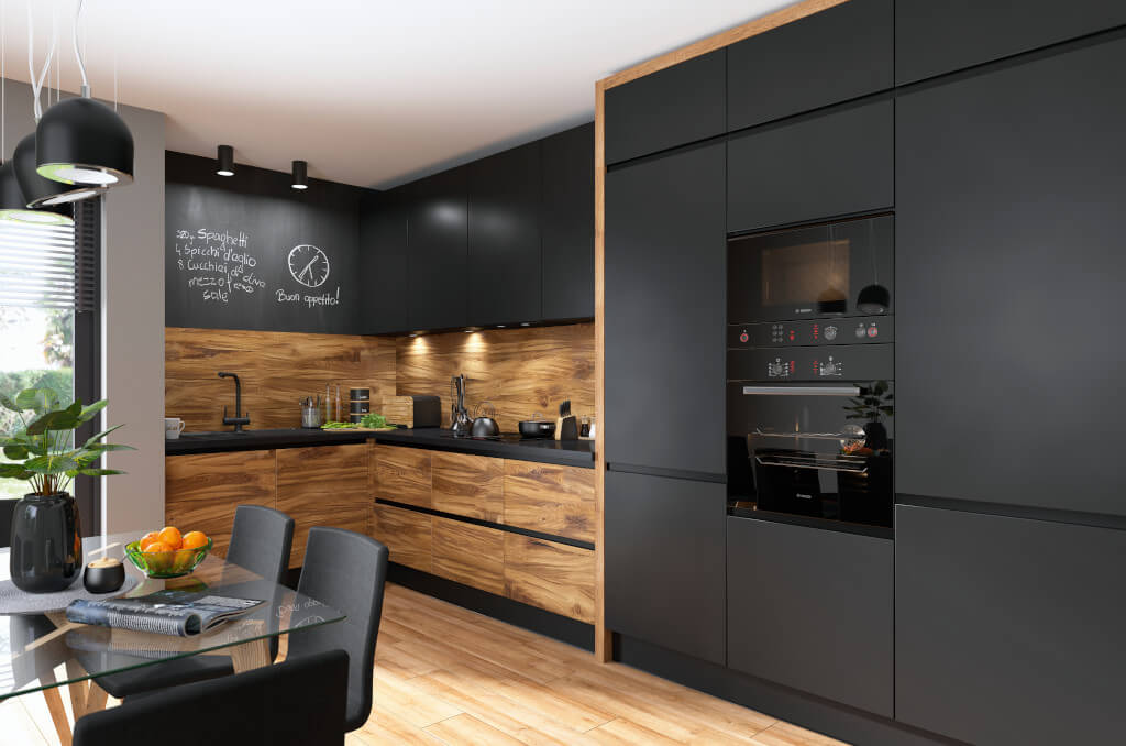 Kuchnia na wymiar „36th Norde Avenue” Black Red White z uchwytem L4 – dąb crud dziki oraz „38th Elysee Avenue” z uchwytem L4 – czarny mat.